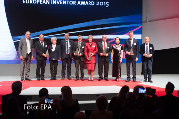 Winners of the European Inventor Award 2015 gather on stage at the ceremony at the Palais Brongniart in Paris on 11 June.
